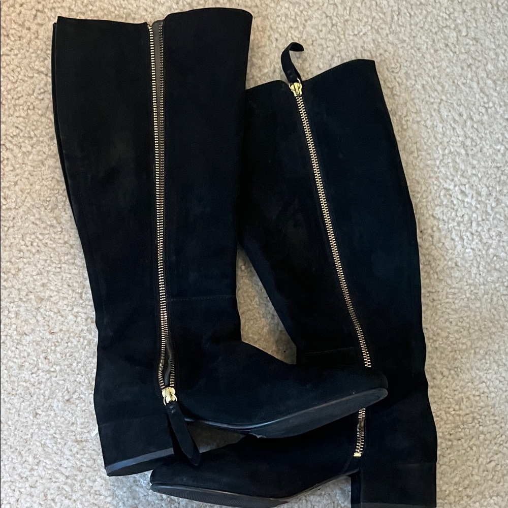 Boden Black Over the Knee Boots with Gold Accents